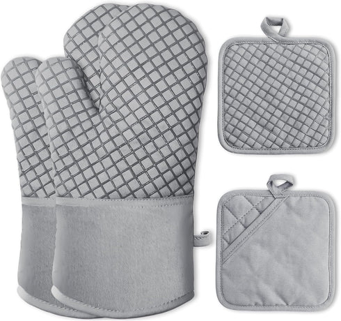 4 Pcs Oven Mitts and Pot Holders,High Heat Resistant 500 Degree Glove with Silicone Non-Slip Surface,Extra Thicken Long Kitchen Cotton Oven Glove ...