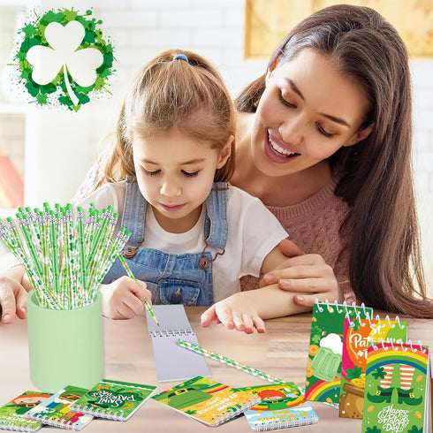 HOWAF 34 Pack St Patrick’s Day Pencils and Notebooks Set, St Patricks Day Stationery Supplies for Kids-St Patrick’s Day Wood pencils with Eraser S...