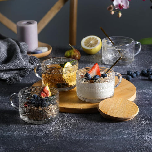LANDNEOO 4pcs Set Vintage Coffee Mugs gifts for women, Overnight Oats Containers with Bamboo Lids and Spoons - 14oz Clear Embossed Glass Cups, Cut...