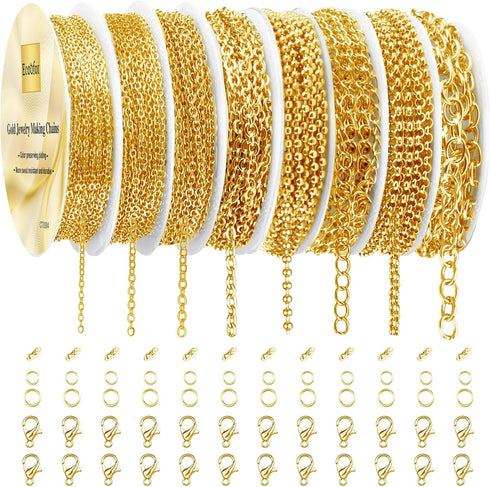Ecoofor Gold Necklace Chains for Jewelry Making, 62.3 Feet 8 Rolls Jewelry Chains for DIY Necklace Bracelet Jewelry Making with Jump Rings/Lobster...