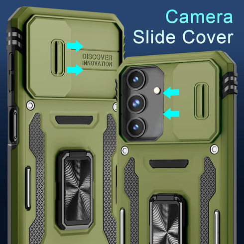 DEERLAMN for Samsung Galaxy A15 5G Case with Slide Camera Cover+Screen Protector (1 Pack), Rotated Ring Kickstand Military Grade Shockproof Protec...