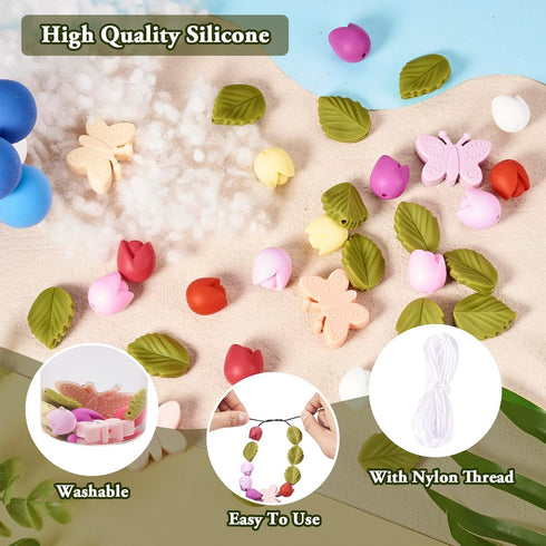 Craftdady 32Pcs Tulip Butterfly Leaf Silicone Focal Beads Spring Theme Flower Beads Keychain Making Kit with Nylon Cord for Crafts DIY Beadable Pe...