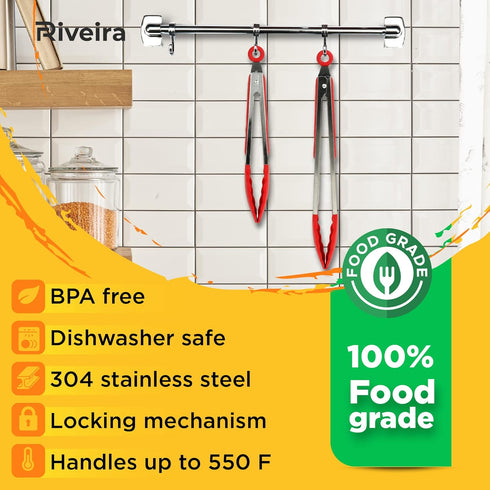 Riveira Red Tongs for Cooking with Silicone Tips | 9 and 12-Inch Pieces | Non-Stick Kitchen Grill Tongs | BBQ Tongs for Grill | 550°F High Heat-Re...