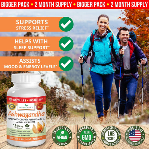 UDAF Certified Organic Ashwagandha with Black Pepper - 180 Capsules - 1965mg Extra Strength for Stress, Sleep, Mood, Thyroid, Focus, Hair, Vegan P...