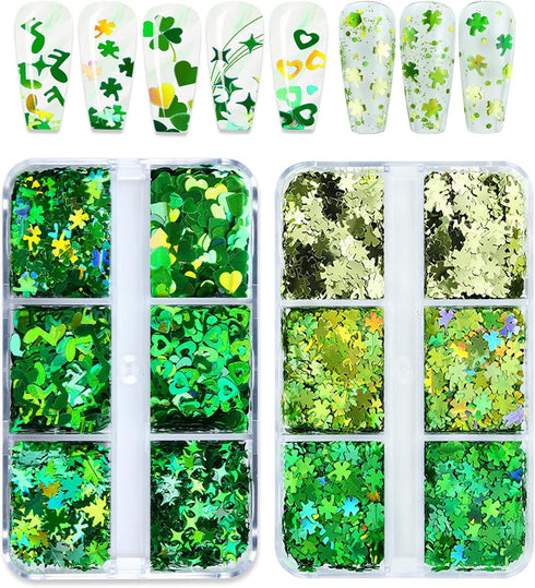12 Grids St. Patrick’s Day Nail Glitters Sequins, Green Clover Nail Art Confetti 3D Holographic Shiny Nail Flakes Acrylic Irish Nail Art Supplies ...