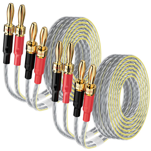 2 Pack 16/2 Speaker Flat Wire Cable with Banana Tip Plugs 10 FT, UL CL3 Rated, 16 Gauge AWG Wire, Tinned OFC Copper, Transparent Jacket with Yello...