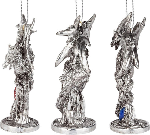 Design Toscano 3 Dragons of The Amesbury Holiday Gemstone Ornament Set, Silver,Christmas...