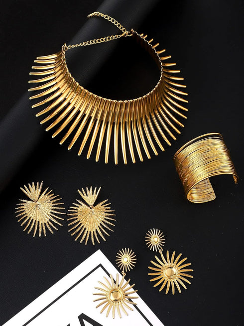 Yinkin 4 Pcs African Choker Necklace Earrings Bangle Set Statement Tooth Shape African Jewelry Sets for Women Tribal Jewelry(Gold)...