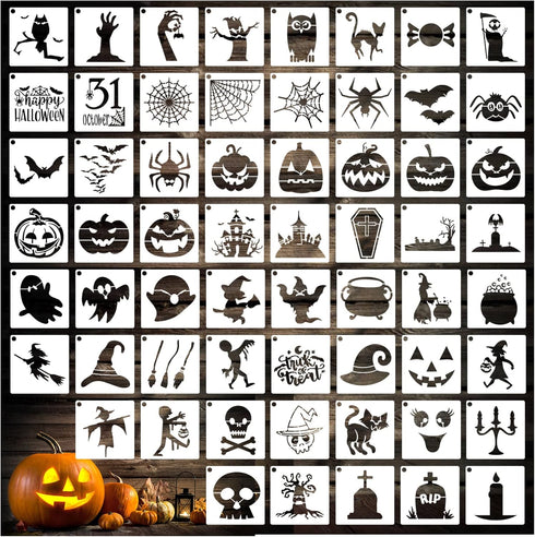 60 Pieces Small Halloween Stencils, 3x3in Reusable Happy Halloween Pumpkin Paint Stencil for Painting on Wood Ornaments Wood Slice DIY Crafts Fabr...