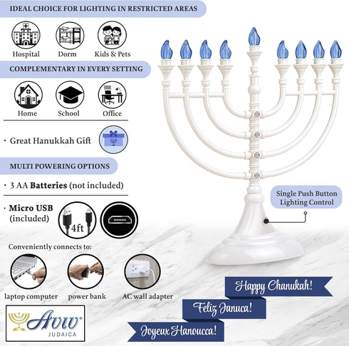 Traditional Hanukkah LED Electric Menorah Powered by Battery or USB Chanukiah - 4' Micro USB Cable Included Electronic Chanukah Candles Minorah Li...