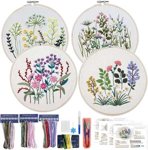4 Set Embroidery Starter Kit for Beginners, Needlepoint Cross Stitch Kits with Pre-Stamped Flower, Instructions, Bamboo Hoops, Color Threads, Tool...