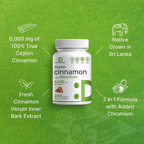 Ceylon Cinnamon 6000mg with Chromium 1000mcg, 240 Capsules | Active Inner Bark Extract, True Sri Lanka Source | Natural Cinnamon Supplements...