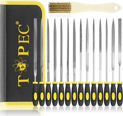 Topec Small File Set, Needle Diamond Files 15PCS, 7pcs Jewlers Files & 7pcs Steel Files with Metal Brush and Storage Bag?for Precision Metal File ...