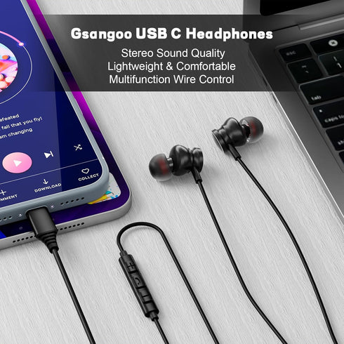 USB C Headphones Wired Earbuds for iPhone 15 Pro Max with Mic Volume Control Stereo Noise Cancelling, Type C Earphones for Samsung Galaxy S24/S23/...