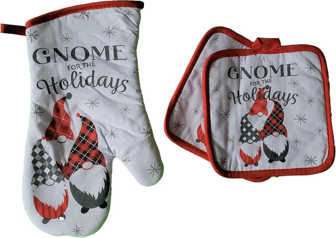 Farmhouse Holiday Sentiment Gnome Theme Linen Set with 1 Quilted Oven Mitt and 2 Quilted Pot Holders (Holiday Gnome)...