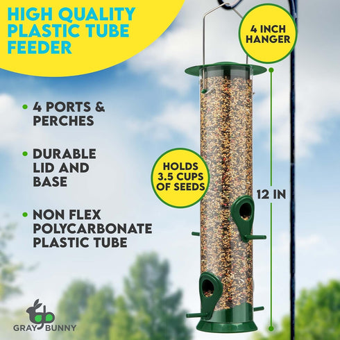 Gray Bunny 2 Pack, 12 Inches Tube Bird Feeders for Outdoors Hanging, 4 Feeding Ports, Hard Plastic Feeder Outdoor Weatherproof & Steel Hanger, Bir...