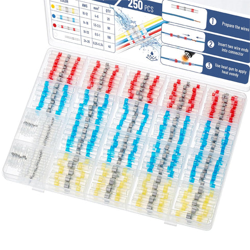 Bates- Solder Seal Wire Connectors, 250 pcs, Solder Connectors with Heat Shrink Butt Connectors, Waterproof Solder Wire Connectors Heat Shrink Wir...