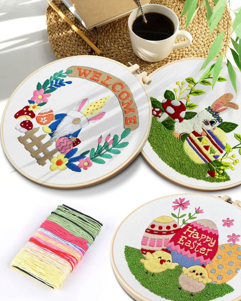 TINDTOP Embroidery Kit for Adult Beginners, 3 Sets Embroidery Stitch Practice kit Include Embroidery Cloth Hoops Threads for Craft Lover Hand Stit...