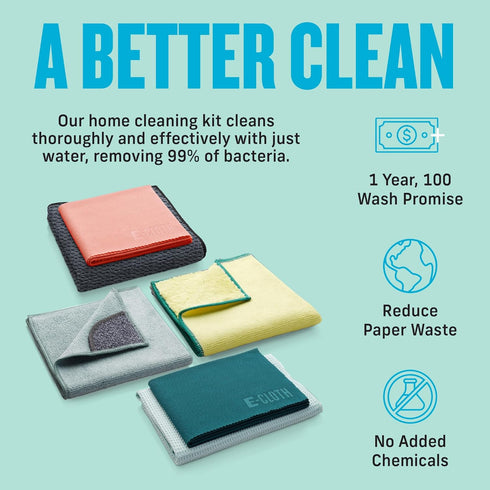 E-Cloth 6-pc Home Cleaning Essentials, Contains Multiple Microfiber Cleaning Cloths for a Streak-free Clean Glass, Window, Kitchen, Dust, Granite,...