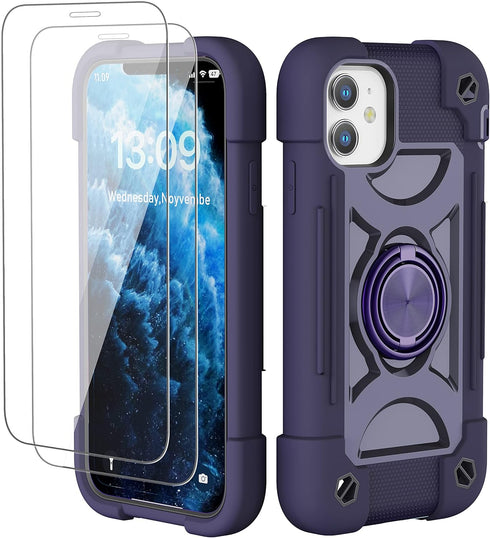 for iPhone 11 Case 6.1 Inch with Ring Stand, with 2 Pack Glass Screen Protector ?Heavy-Duty Shockproof Rugged Military Grade Cover with Magnetic C...