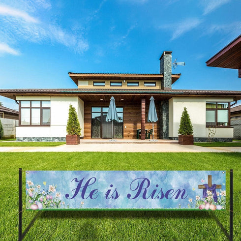 He is Risen Fence Banner Easter Christian Cross Lily Eggs Religious Party Photo Booth Backdrop Yard Outdoor Decoration...