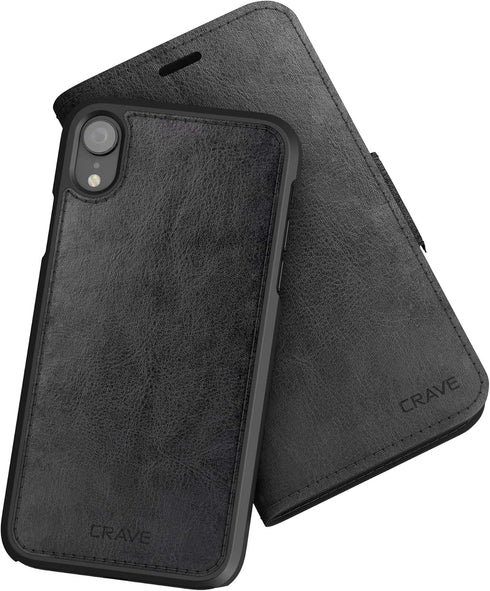iPhone XR Leather Wallet Case, Crave Vegan Leather Guard Removable Case for Apple iPhone XR (6.1 Inch) - Black...