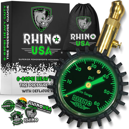 Rhino USA Heavy Duty Tire Pressure Gauge (0-60 PSI) - Certified ANSI B40.1 Accurate, Large 2" Easy Read Glow Dial, 360 Swivel Head, Solid Brass Ha...