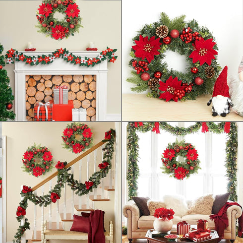 Adeeing 16 Inch Christmas Wreath, Outdoor Christmas Wreath with Red Artificial Poinsettia Flowers Ball Ornaments Pine Cones Berries for Door Wall ...