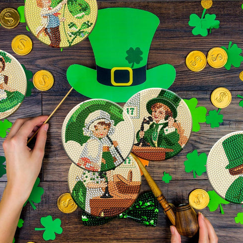 8 Pieces Vintage St. Patrick's Day Diamond Coasters Kits with Holder DIY St. Patrick's Day Diamond Art Coaster Coaster for Adults Diamond Kits Sup...