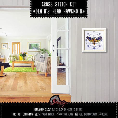 Povitrulya 'Death's-Head Hawkmoth' Embroidery Kit - Skull Moth Counted Cross Stitch Set for Adults with Pattern, Aida 14 Count Cloth and Pre-Sorte...