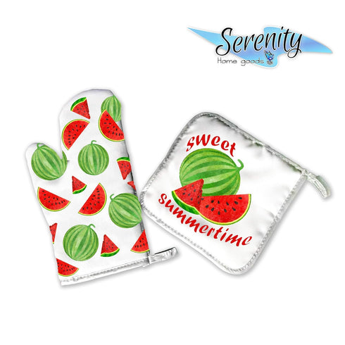 Summer Home Decor | Decorative Kitchen Oven Mitt Hot Plate Pot Holders | Sweet Summertime Watermelon Red Green | White Stove Home Decor Holiday De...