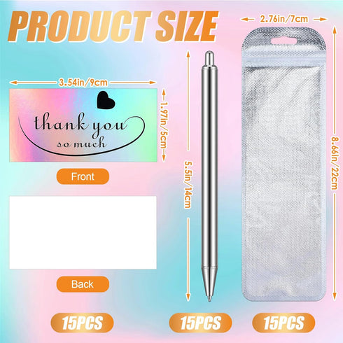 Qilery 15 Set Stainless Steel Pen Thank You Pens Gifts Blanks Resealable Pouch Bag and Holographic Thank You Cards Set for DIY Glitter Pen Epoxy P...