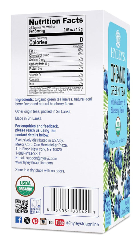 Hyleys Organic Green Tea Acai Berry and Blueberry Flavor - 25 Tea Bags...