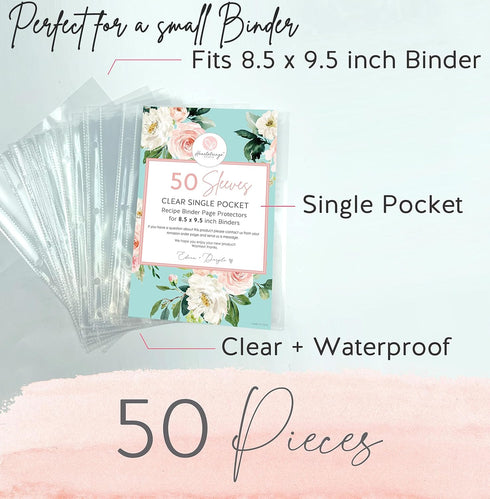 Recipe Binder Page Protectors for 8.5 x 9.5 inch Binders. Holds 50 Protective Sleeves That Hold 6.5" x 8.5" Full Recipe Cards, Heavyweight Crystal...