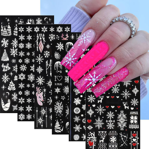 Christmas Nail Art Stickers 5D Embossed White Snowflake Nail Decals Cute Stereoscopic Elk Heart Nail Art Supplies Christmas Tree Planet Nail Desig...