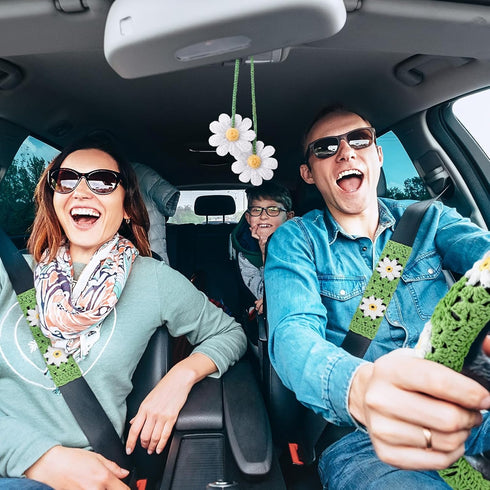 Frienda 8 Pcs Crochet Car Accessories Set Handmade Crochet Steering Wheel Cover 2 Pcs Belt Cover Hanging Cute Plants 4 Pcs Air Vent Clip for Women...