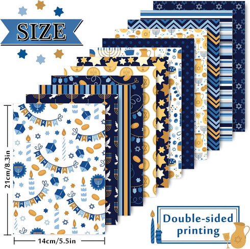Whaline 60 Sheet Hanukkah Pattern Paper A5 Size Hanukkah Star Lamp Spinning Top Scroll Flagon Scrapbook Paper Double-Sided Craft Paper Folded Flat...