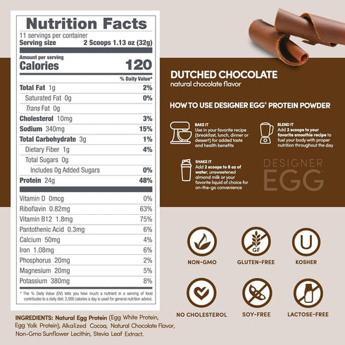 Designer Wellness, Designer Egg, Natural Egg Yolk & White Protein Powder, Keto and Paleo Friendly, Low Calorie, Less Fat and Cholesterol, Dutch Ch...