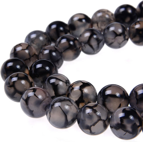 Smooth Round Shape Natural Gemstone Loose Beads for 1 Strand per Bag Approxi 15.5 inch 48-50pcsJewelry Making (8mm, Black White Dragon Design Agat...