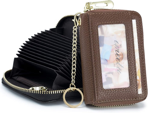 imeetu RFID Credit Card Wallet, Genuine Leather Zipper Card Case Holder with Removable Keychain(Brown)...