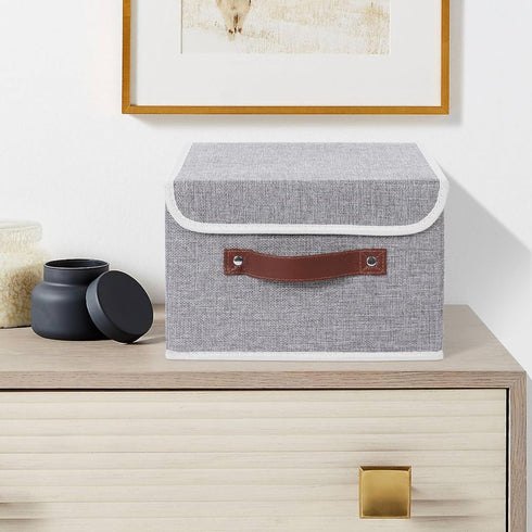 Collapsible Storage Bins with Lids & PU Leather Handles - PP Plastic Board Washable Linen Fabric Storage Box, Foldable Storage Cube for Home Bedro...