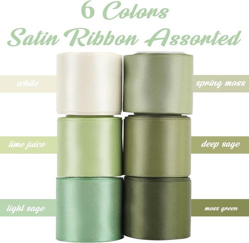 HUIHUANG Sage Green Ribbon 1-1/2 inch Light Sage/Dusty Sage/Moss Green/Antique White Satin Ribbon Set for Flower Bouquet, Gift Wrapping, Hair Bows...