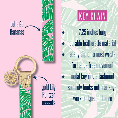 Lilly Pulitzer Durable Leatherette Strap Key Chain, Cute Wristlet Keychain Accessory with Metal Ring, Let's Go Bananas...