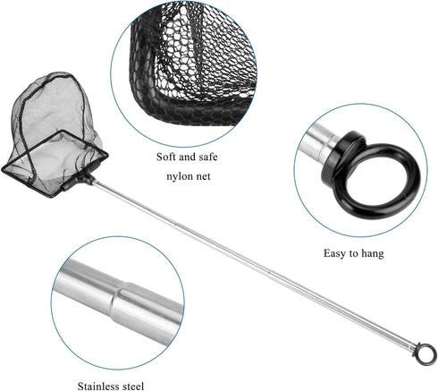 Lpraer Aquarium Fish Net 3.2" x 4" Fish Net with Extendable 7.4"-16.3" Telescopic Stainless Steel Long Handle Fine Mesh Fish Net for Fish Tank...