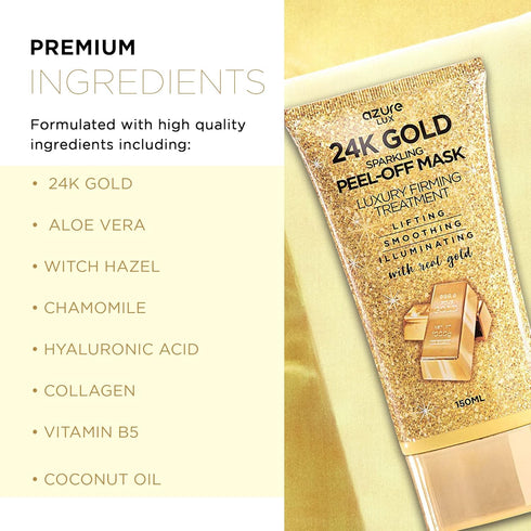AZURE 24K Gold Firming Peel Off Face Mask- Anti Aging, Lifting, Illuminating & Revitalizing - Removes Blackheads, Dirt & Oils - With Hyaluronic Ac...