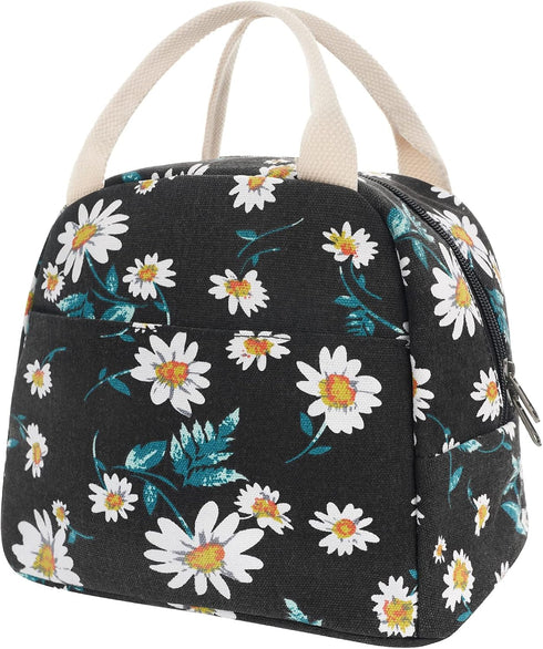 EurCross Women's Lunch Bags for Work with Chic Floral Daisy Pattern,Canvas Stylish and Insulated Black Lunch Tote Bento box Bag Carrier of On-the-...