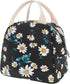 EurCross Women's Lunch Bags for Work with Chic Floral Daisy Pattern,Canvas Stylish and Insulated Black Lunch Tote Bento box Bag Carrier of On-the-...