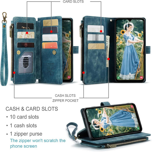 Samsung Galaxy A15 5G Wallet Case with Card Holder Kickstand Magnetic Zipper Pocket Lanyard Strap Wristlet,Leather Flip Case Wallet for Samsung Ga...
