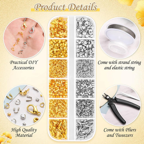 1200Pcs Crimp Beads Supplies for Jewelry Making, Including Crimp covers, Crimp Tubes, Bracelet Clasps and Closures, Crimp Ends, Jump Rings, Crimpi...