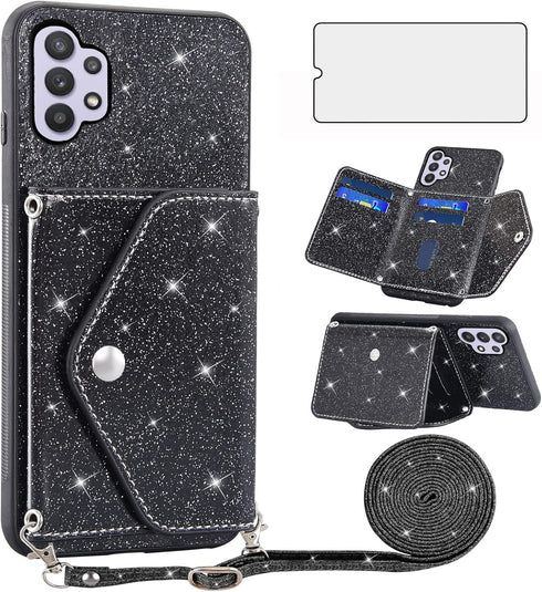 Asuwish Phone Case for Samsung Galaxy A32 5G 2021 6.5 inch Wallet Cover with Tempered Glass Screen Protector and Crossbody Strap Bling Glitter Car...